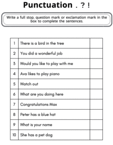 דף עבודה באנגלית שילוב נקודה, סימן שאלה וסימן קריאה במשפט