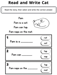 דף עבודה באנגלית קריאה וכתיבה סיפור על חתול